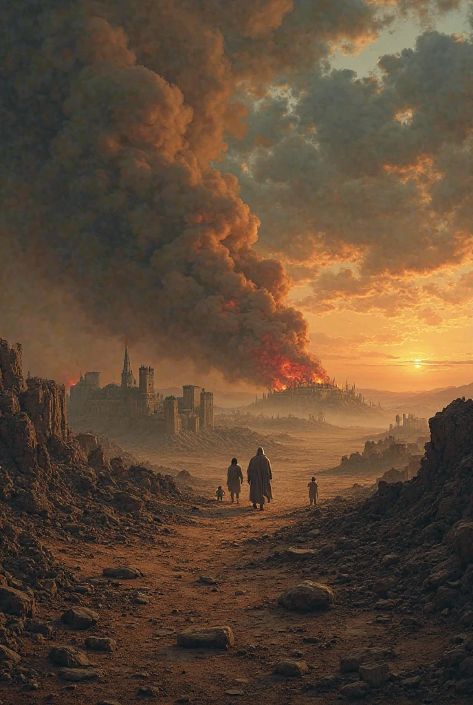 After the destruction of Sodom and Gomorrah, a vast, barren landscape stretches out under a dark, tumultuous sky. Thick plumes of smoke rise from the smoldering ruins of the cities in the distance, where shattered stone buildings lie in jagged heaps, half-submerged in scorched earth. The ground is cracked and dry, with patches of charred soil and the remnants of once lush vegetation now reduced to ash. The air is heavy with a haunting, eerie stillness, broken only by the occasional gust of wind swirling dust and soot through the desolation. In the foreground, Lot and his family are seen in the distance, walking away from the ruins, their silhouettes faint against the fiery horizon. The figures are cloaked in tattered clothing, their faces somber and strained. The faint glow of fire still illuminates the sky, casting an orange hue over the scene. The atmosphere is thick with a sense of sorrow, loss, and finality, as the remnants of the cities lay silent beneath the dark, cloud-filled sky