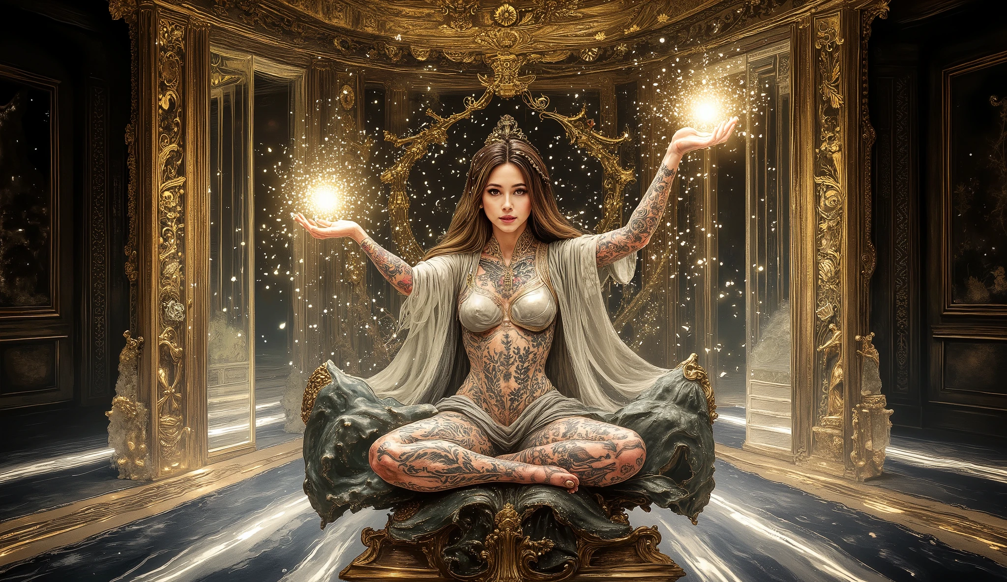 a beautiful woman tattooed as a mystical sorceress in a temple. The temple is adorned with intricate designs and magical symbols. The woman is posed gracefully, holding a luminous orb. The figure evokes a sense of wonder and enchantment. In the style of classic fantasy art, with a touch of art nouveau . Soft, ethereal colors and intricate details highlight the general beauty and mysticism. Well done hands and feet, with the right fingers, anatomically perfect.
