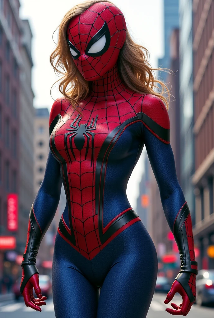 The actress Nata Lee as the female version of Spiderman, perfect curves, buttock, extremely smooth curves, underneath view angle