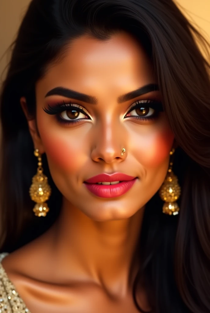 perfect pink eyes, fantastic face, Indian, beautiful look, ((red lips, bright eyes, curve heir 1.5)), ((beautiful details normal big breast )), (Straight round and ultra huge clevage, not sagging breast), A glorious gorgeous, glorious gorgeous face, pretty face, bright eyes, detailed elegant printed patiala suit ,elegant hair, blurred gray tones background, ultra focus, face ilumined, face detailed, 8k resolution, painted, dry brush, brush strokes, razumov style and garmash style, by Tokaito, ((Full Open )), full body, sexy thin belly, upper body parts are little covered