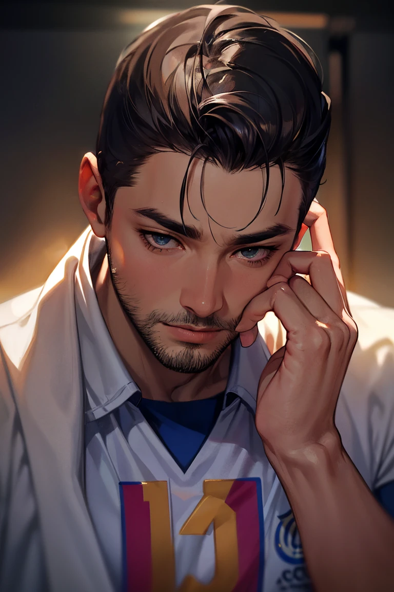 a 40 year old man (red short hair:1.0), grey eyes, moles all over the face, wearing an official uniform, masculinity, teacher, (best quality,4k,8k,highres,masterpiece:1.2),ultra-detailed,(realistic,photorealistic,photo-realistic:1.37),cinematic lighting,highly detailed face and body,sharp focus,vivid colors,anime style