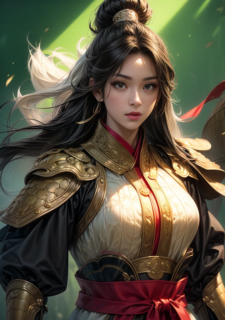 Han Dynasty landscape、Three Kingdoms、whole body、(Armor,4K,8k,high res,Great Performance:1.2)、very detailed, high res,HyperHD、studio lighting、ultra-fine painting、 sharp focus、 Physically Based Rendering、 very detailed explanation、  professional 、 of bright colors、Traditional Chinese painting techniques、 Ambient light、 Bright contrasting colors、very detailed目と顔、 Attention to Beautiful Details beautiful、 Light on the face、yoYoung woman wearing black Hanfu、(Hanfu: 1.2)、eyes are green, Perfect Body, (((Young woman)))、anatomically correct、 Dynamic Gesture、