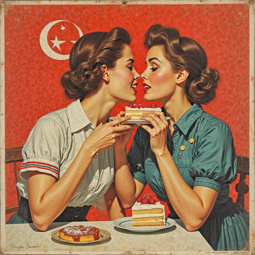 It has a poster , where a woman eats cake , Soviet advertisement , in a Soviet propaganda style, Soviet propaganda, Soviet propaganda art, Soviet propaganda style, Soviet propaganda poster, Soviet propaganda poster art, Soviet propaganda poster style, 1 9 6 0 s  Soviet poster , Soviet-era poster,  Soviet poster , Soviet propaganda painting, USSR poster,  nostalgia . resolution Photorealistic, top quality, is very realistic,  realistic lighting , hyperdetailed,  rocket extreme difficulty, intricate, mechanics gear , realistic textures, fine details , resolution 16,905 216k