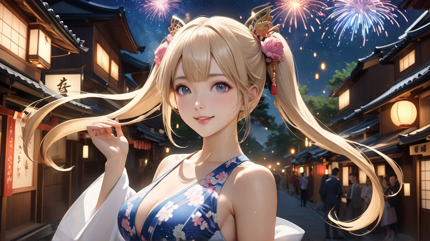 8k resolution, masterpiece, Top Quality, winning work,  unrealistic, software, Elegant, very well detailed, Digital Paint, artステーション, コンセプトart,  smooth, sharp concentration, shape, artジャム、Greg Latkowski wearing a super swimsuit、Alphonse Mucha、William Adolphe Bouguereau、art：Stephanie Law , , Royal Jewel, , full shot, Symmetric, Greg Latkowski wearing a super swimsuit,  Charlie Bowwater, beep, Unreal 5, surreal, dynamic lighting, ファンタジーart, complicated色, Gion, Kyoto, Lots of fireflies,  Fireworks,  Milky Way,  shooting star, Xiaoyan, very delicate appearance, , with a delicate face,  delicate eye description, upper body close-up, fascinating, erotic on I, dynamic and sexy pose,  The Only Sexy Girl ,  healthy body, Age 22, , , ,, doaxvv_Marie Rose, geisha, : , big firm swaying bust, , Very Long Wavy Blonde Hair, twin tails, Glowing Skin, sweat, smiles at the camera, look up, Invincible Laughter, complicated, Japanese see-through yukata , 