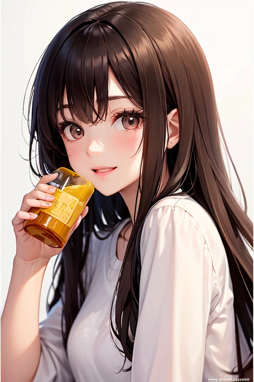 (lookin away:1.5),Upper Body, Shrugging shoulders、
Realistic, real person, (pale skin: 1.2), RAW photo, photorealistic, shiny skin, shiny hair、
(A 25-year-old woman with medium-length hair and bangs) and (wavy hair) and (brown hair) and (Orange Eyes)、blush,smile,
(white tank top),The background is the living room at night、Drinking beer