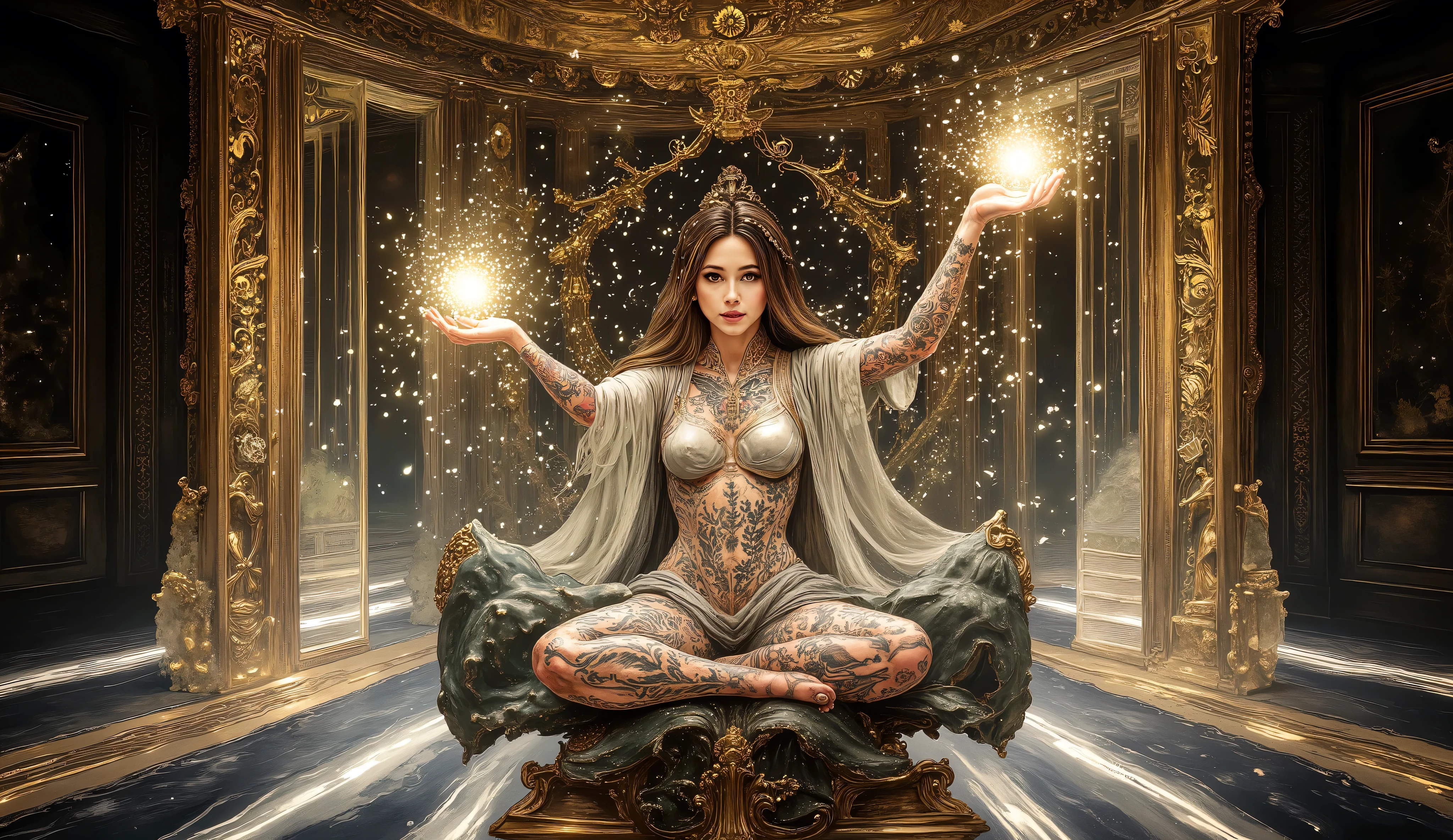 a beautiful woman tattooed as a mystical sorceress in a temple. The temple is adorned with intricate designs and magical symbols. The woman is posed gracefully, holding a luminous orb. The figure evokes a sense of wonder and enchantment. In the style of classic fantasy art, with a touch of art nouveau . Soft, ethereal colors and intricate details highlight the general beauty and mysticism. Well done hands and feet, with the right fingers, anatomically perfect.