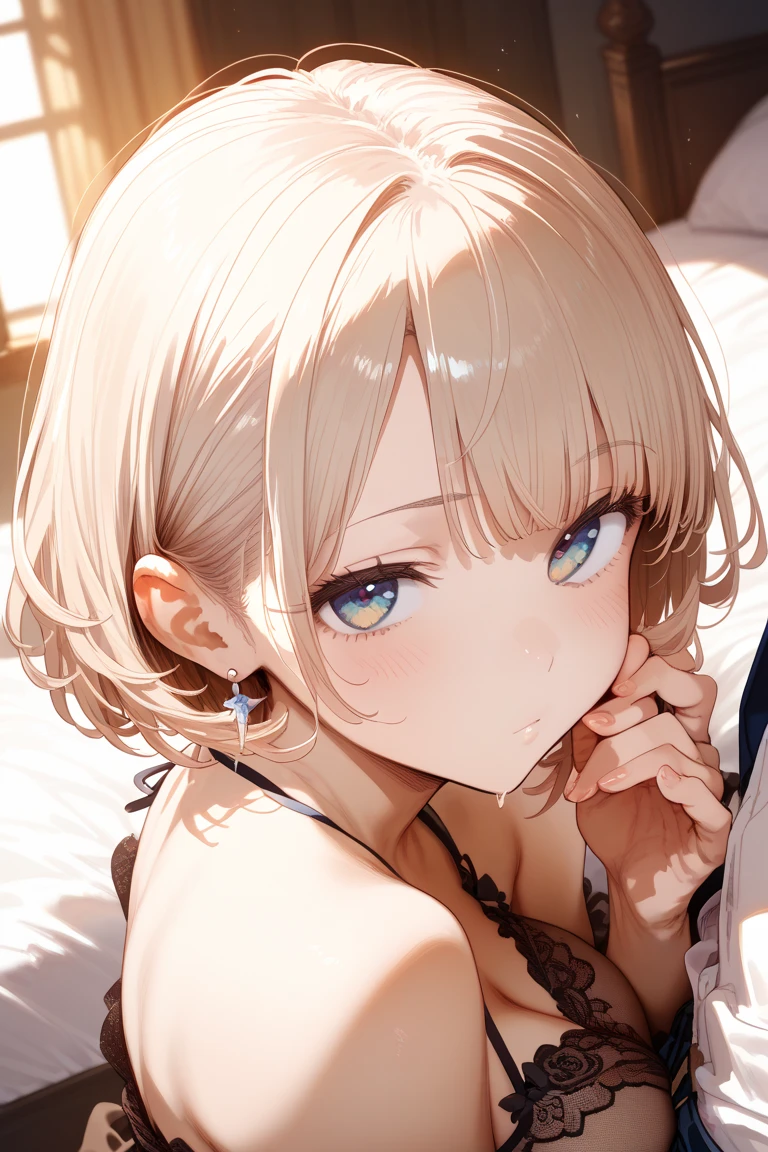 (8K, RAW photo, Best quality, Masterpiece:1.2), (Realistic, photo-realistic:1.37),1girll, dress, Blue as the pupils of the sea, Exposed flesh wavy curls，short detailed hair, Microfabric, Beautiful decoration on the dress，Yellow hair，Sagging eyes