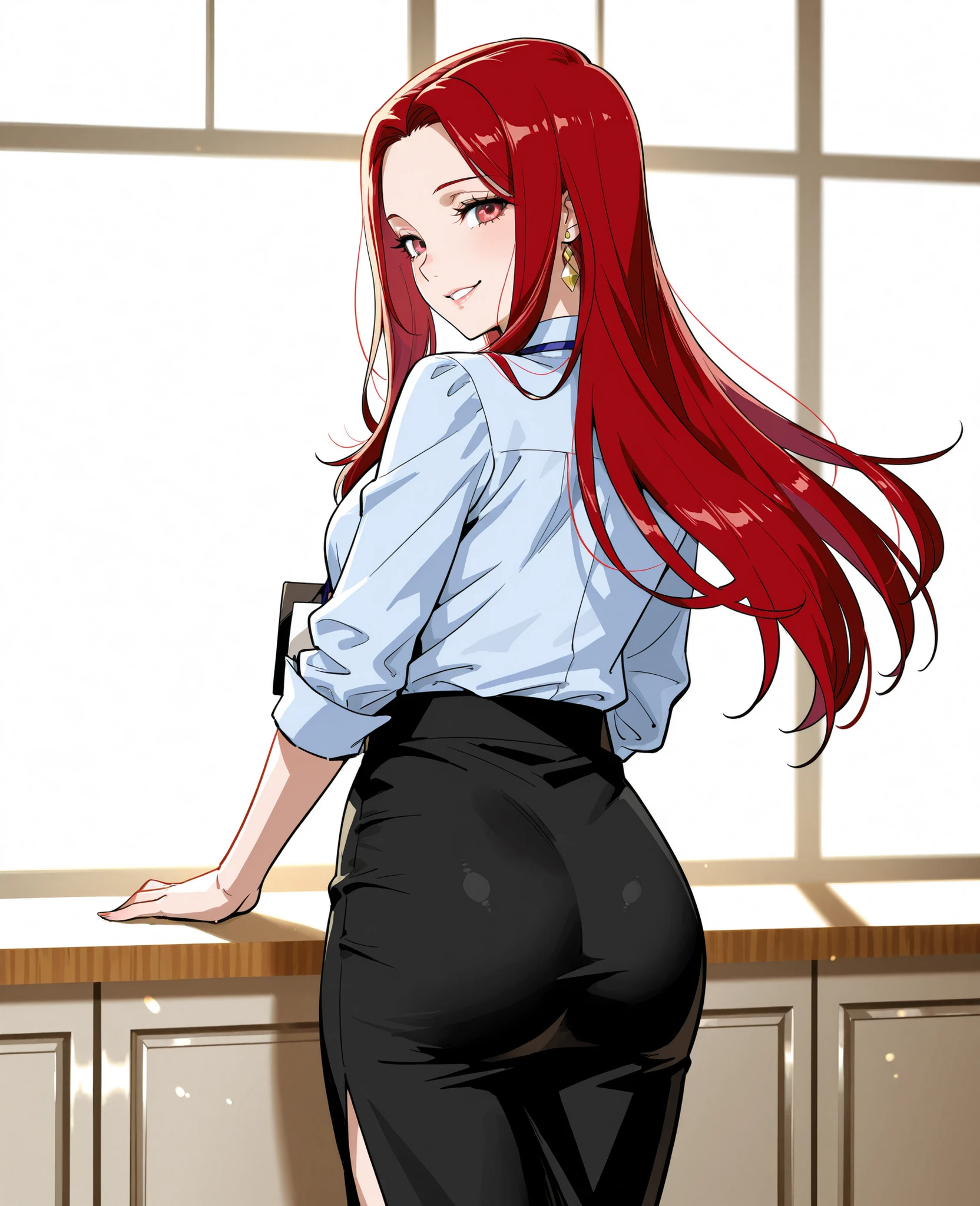 red hair in a braid women crouching down, back facing camera, weaning leather trousers, white shirt, looking back at viewer, seductive look, full face in view