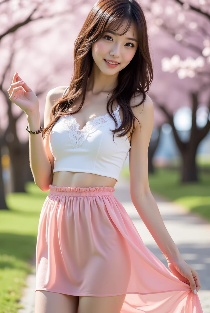 Japanese woman in white dress and pink panties, sexy girl, standing pose in the yard with both hands lifting the skirt