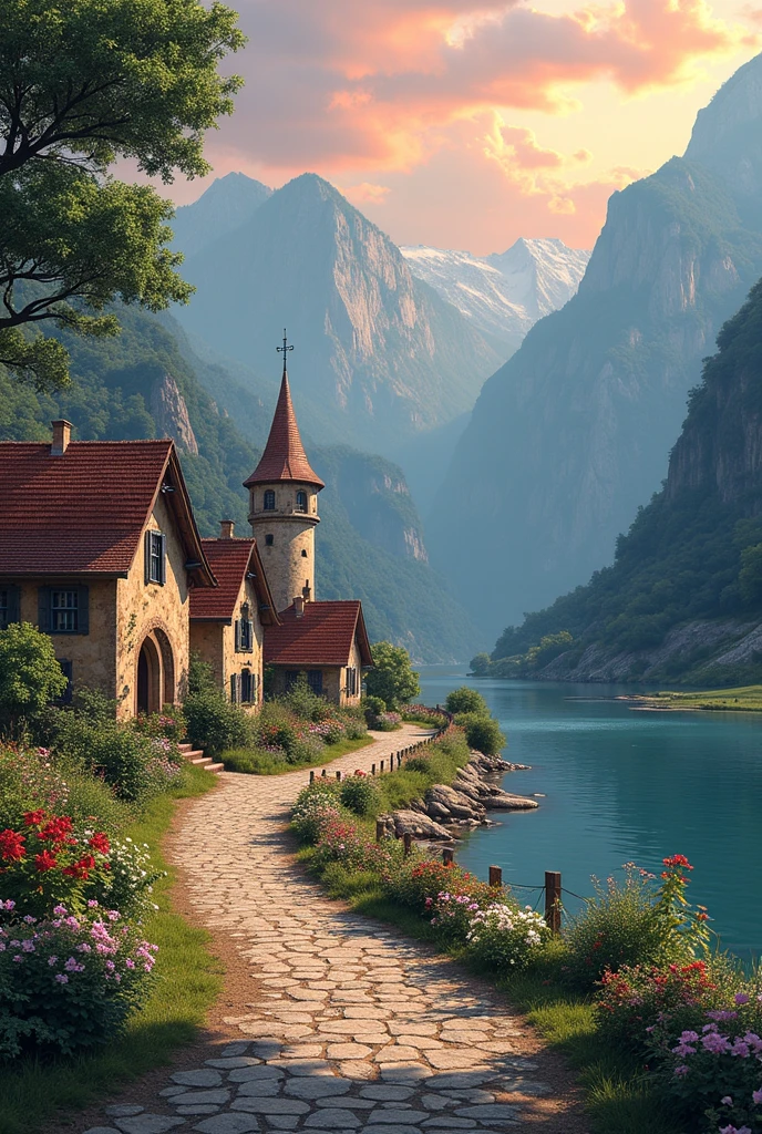 a small village by the river, mountains in the background, floral flowers colorful, detailed landscape, Beautiful natural landscapes, atmospheric lighting, scorching sunset, warm colours, practical, photopractical, Detailed Foliage, complex buildings, cobblestone street, Charming country house, swirly vibrant colors, lush vegetation, Still water reflections, Picturesque, idyllic, work of art, best qualityer, 8k, extremely detaild,anime styling