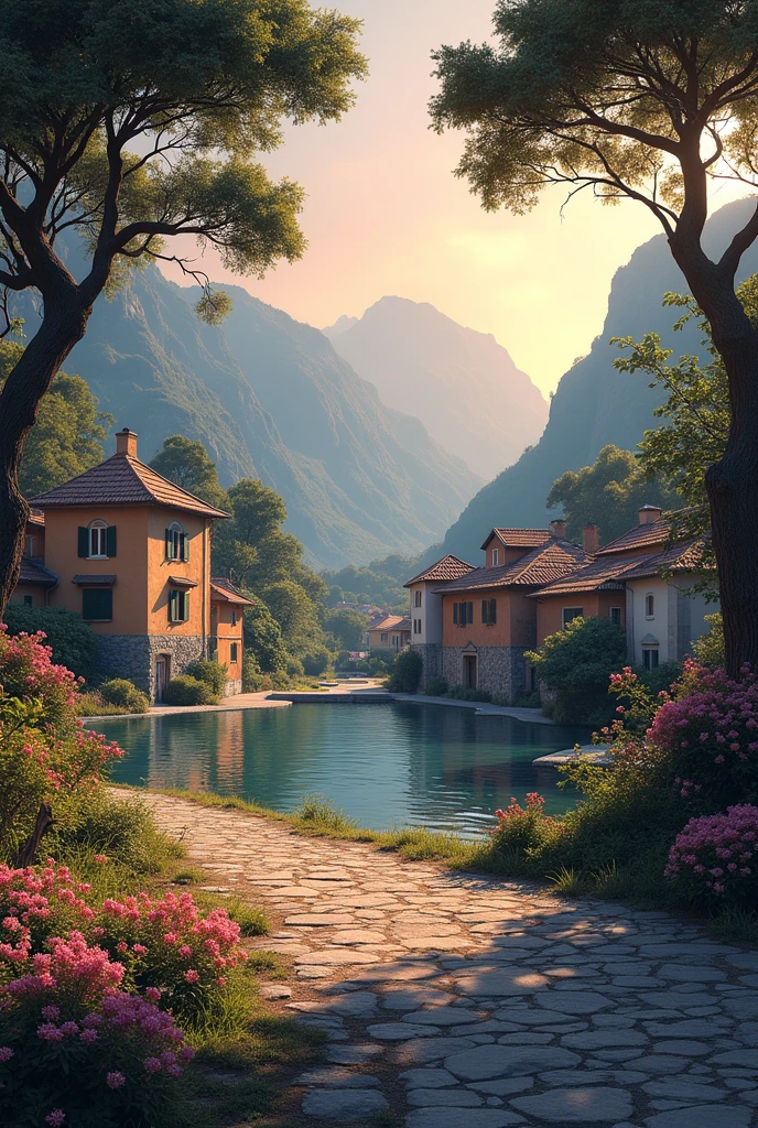 a small village by the river, mountains in the background, floral flowers colorful, detailed landscape, Beautiful natural landscapes, atmospheric lighting, scorching sunset, warm colours, practical, photopractical, Detailed Foliage, complex buildings, cobblestone street, Charming country house, swirly vibrant colors, lush vegetation, Still water reflections, Picturesque, idyllic, work of art, best qualityer, 8k, extremely detaild,anime styling