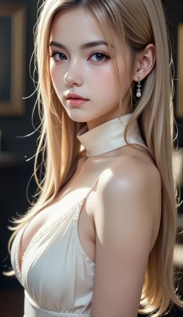 (Hyper Real), ancient shrine maiden, female shaman, giant beauty, safe, high resolution, real short hair, blonde, blonde woman, skin texture details, super high resolution, realistic, plump figure, smile, beautiful expression, small purple hair Airy long blonde hair, divine spirit, very delicate and detailed skin texture, (ancient luxury luxury temple), ancient priestess, big cleavage, plunging neckline, big red lips , (luxurious black costume and luxurious accessories)