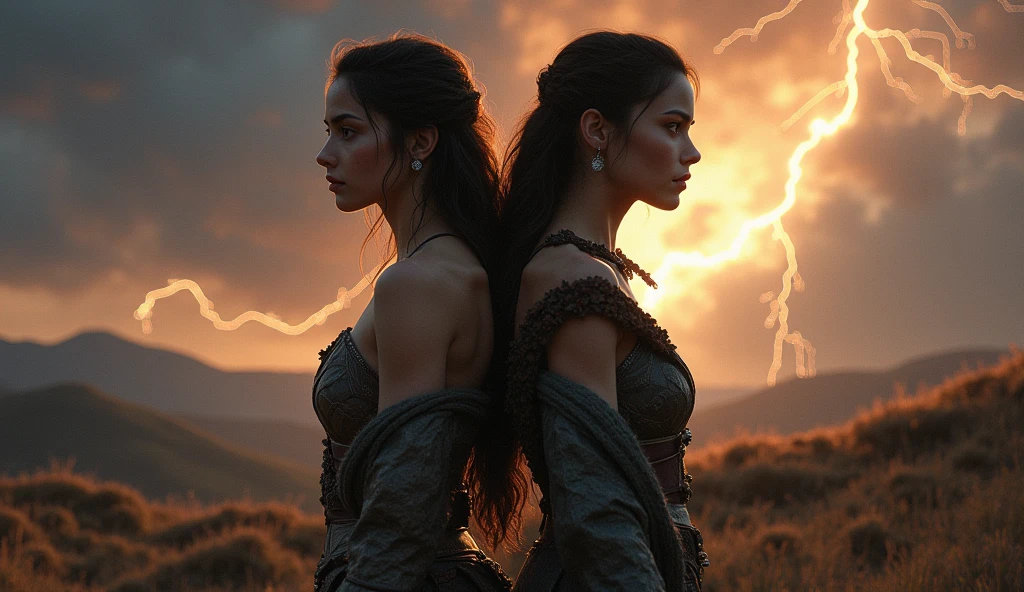 A dramatic romantic scene at twilight: A beautiful young woman and a tall, dark-haired warrior standing back to back, surrounded by enemies. Sparks of lightning crackle in the background as they prepare for battle.