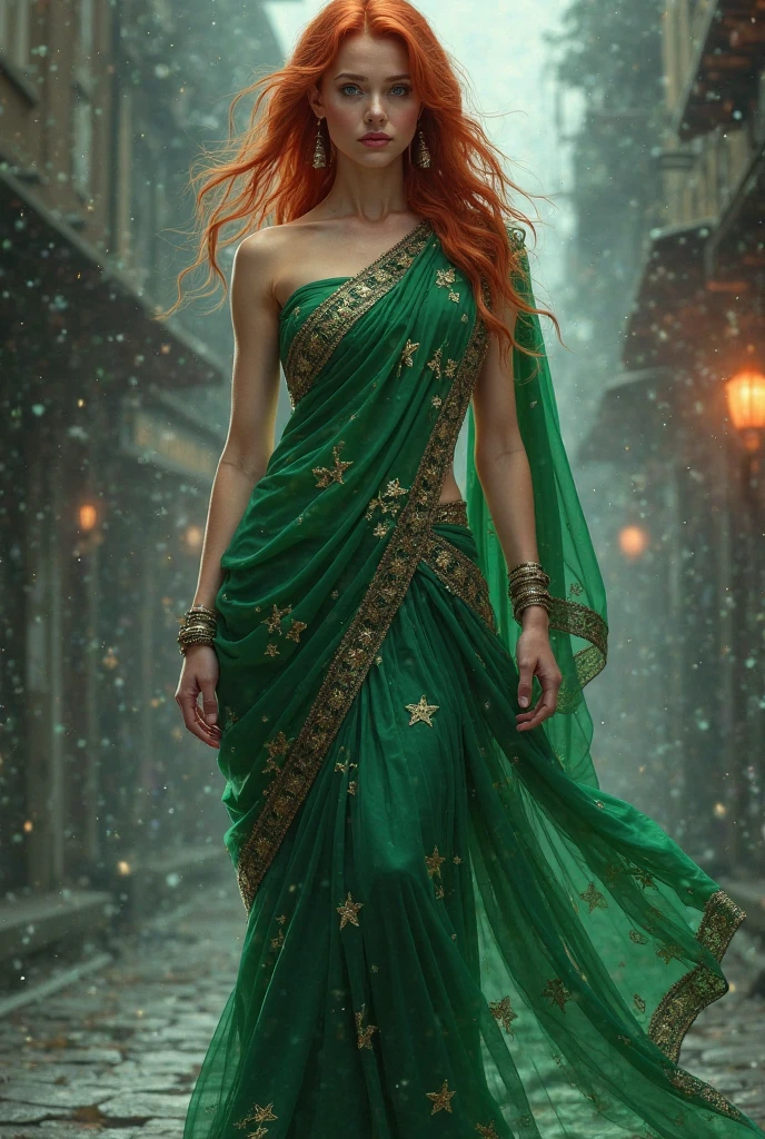 Clary Fray from Shadowhunters in a green saree.