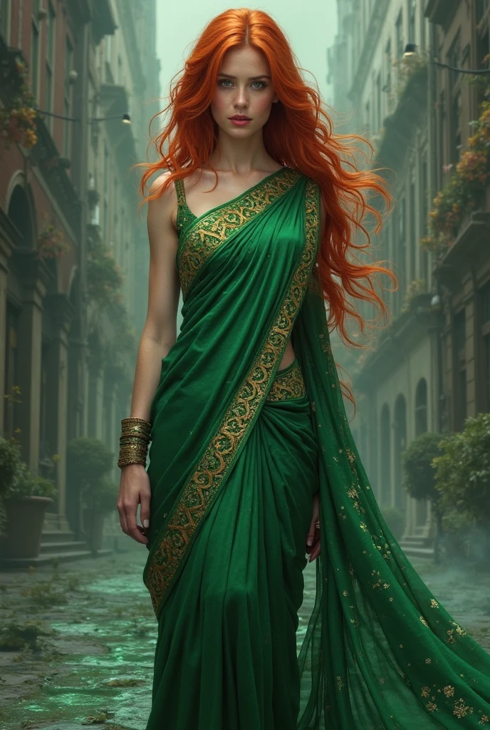 Clary Fray from Shadowhunters in a green saree.