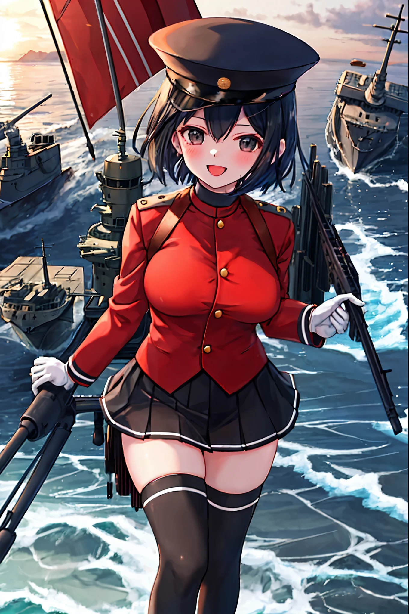 best quality, masterpiece, solo, {akitsu_maru_kantaicollection:1.15}, black_hair, short_hair, hat, peaked_cap, black_eyes, military, big_breasts, 1girl, black_headwear, looking_at_viewer,black_ military_uniform, uniform, military_hat, in_front_harbor_town_landscape_background, smile,(plump:0.7),,black_thigh-highs,joylight_open_mouth,