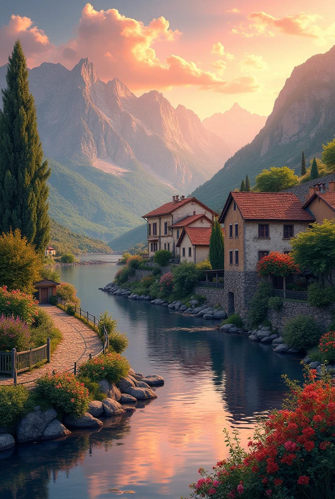 A small village by the river, mountains in the background, colorful flowers, detailed landscape style, beautiful natural scenery, atmospheric lighting,  scorching sunset ,  warm colors, practical, photographic, detailed foliage, complex buildings , cobblestone street, charming country house, vibrant colors, lush vegetation, reflections in the water, pitoresco, idyllic, work of art, Best Quality, 8k, extremely detailed, anime style