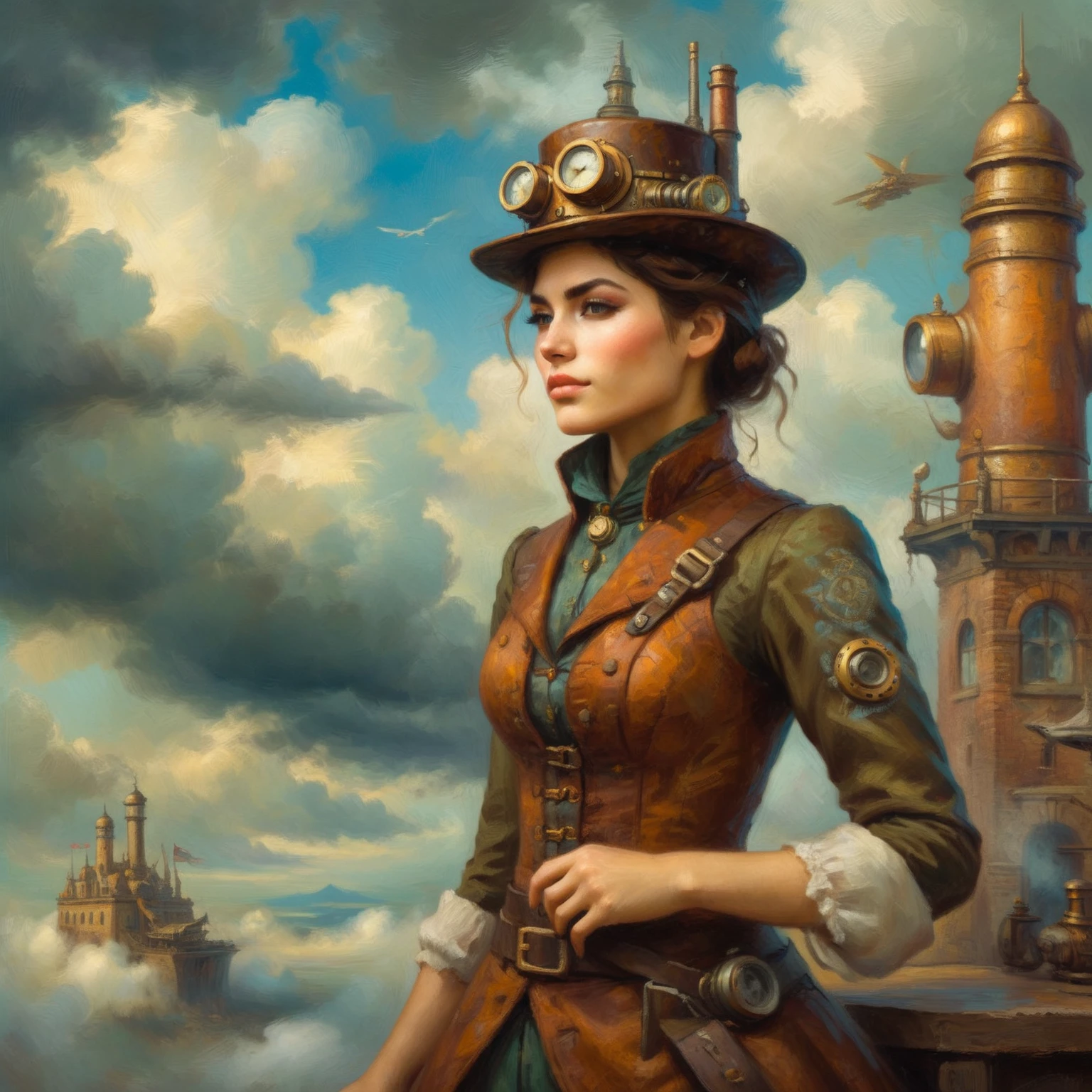  A fresco in the style of oil painter depicting a very steampunk girl in the clouds. Full body. Background is in the war. A lot of steampunk details. The atmosphere is a combination of classical art and a light touch of steampunk aesthetics. Full of steampunk details.
