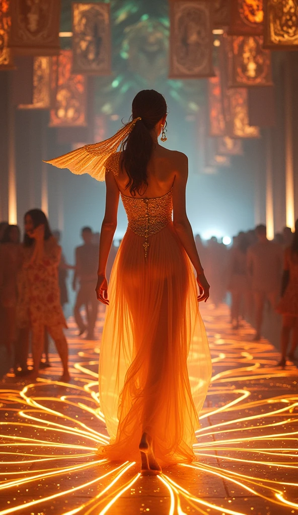 Concept:
The heart of the utopian celebration.
Hundreds of dancers and muses form a human vortex of color, fashion, sweat, and light.
She, the central figure, is the torchbearer — the one who brings elegance to the chaos.
Her gown moves like prophecy. Her presence is magnetic.
All around her: high fashion. Wild choreography. Divine energy.

📍 Scene:
An enormous open-air techno cathedral built into a cliffside by the sea.
The floor is covered in luminous tiles that react to contact, lighting up in unique patterns under each person’s feet.
Around her: rising rings of kinetic structures, sound pillars, aerial acrobats, and an ocean of people dancing like flames.
Above: fabric banners ripple, suspended in mid-air, catching projections of ethereal faces and sacred symbols.

👤 Lead Performer / Model:
Italian-Parisian, 25 — regal, sensual, luminous
Face: sculptural, with gold-dusted cheekbones and dramatic indigo eyeliner that extends past the temples.

👗 Look:

Custom Iris van Herpen x Alaïa collaboration gown:
A sculpted high-neck design made of laser-cut silk organza, with winged pleats that flutter with every movement.
The body of the dress is semi-translucent, layered in interlocking textures that mimic soundwaves frozen mid-flight.
Side slits to the hip. Bare back. Every step lets the light pour through like stained glass.
Worn barefoot, toes painted in mirror chrome, a living sculpture in motion.

💎 Accessories:

A shoulder piece by Schiaparelli, gold threads swirling around one shoulder like vines of sound.

Custom Maison Margiela earpiece, shaped like a seashell, glowing with ambient light pulses.

No necklace — her collarbone becomes the canvas, inked with a single line of calligraphic data glyphs.

📸 Camera Focus:

🔲 Overhead drone reveals a pattern: the crowd forming a moving mandala, centered on her dance.