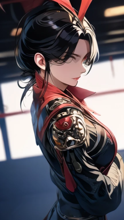 Woman, Black Hair, Short Hair, Hair Bun, Large Breasts, Female Samurai, Futuristic Samurai, Black Samurai Outfit,