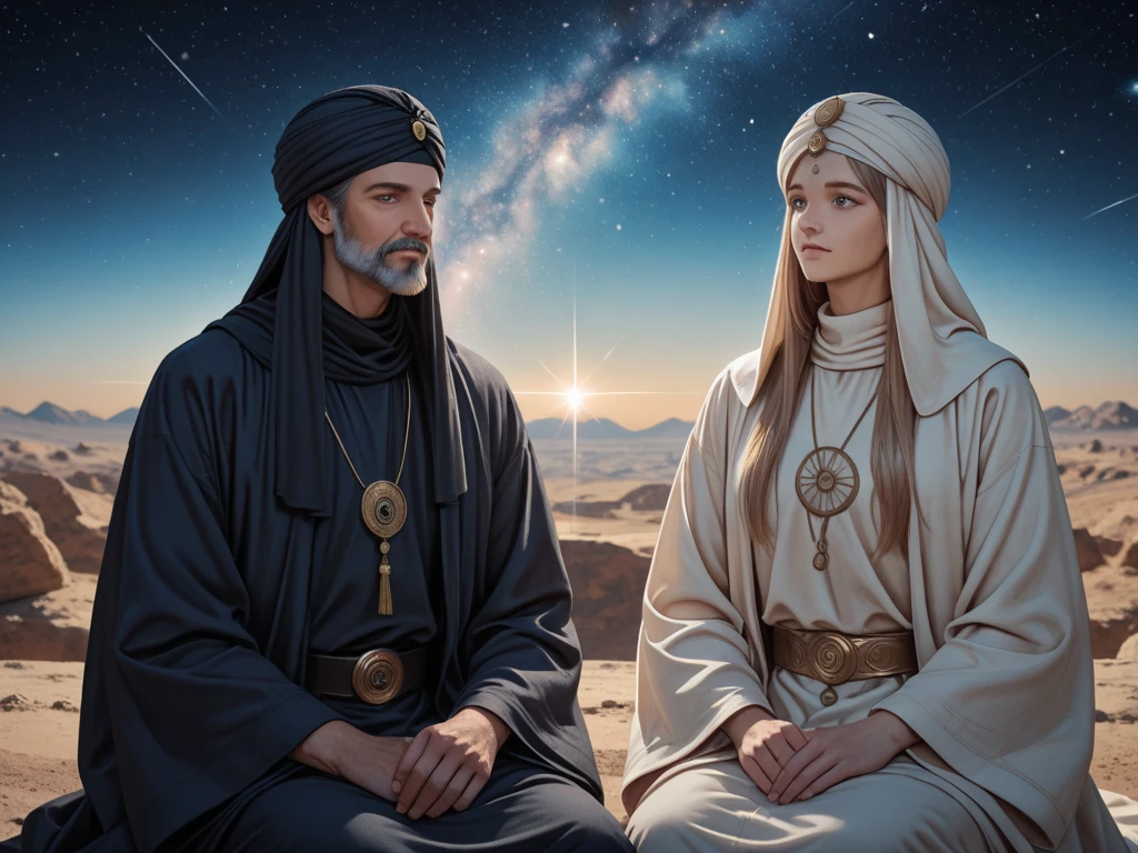 An old muslim sufi with a soothing face, Bearded in white beard and simple turban. His eyes were full of shade and wisdom, radiates peace . He wore a soft natural colored robe, sitting in silence. Luminous background with soft shades of gold and blue, beautiful graded sky, as well as a thin mist that adds to the spiritual impression and tranquility. Atmosphere full of tranquility, depicted silence and closeness to allah. with space background 