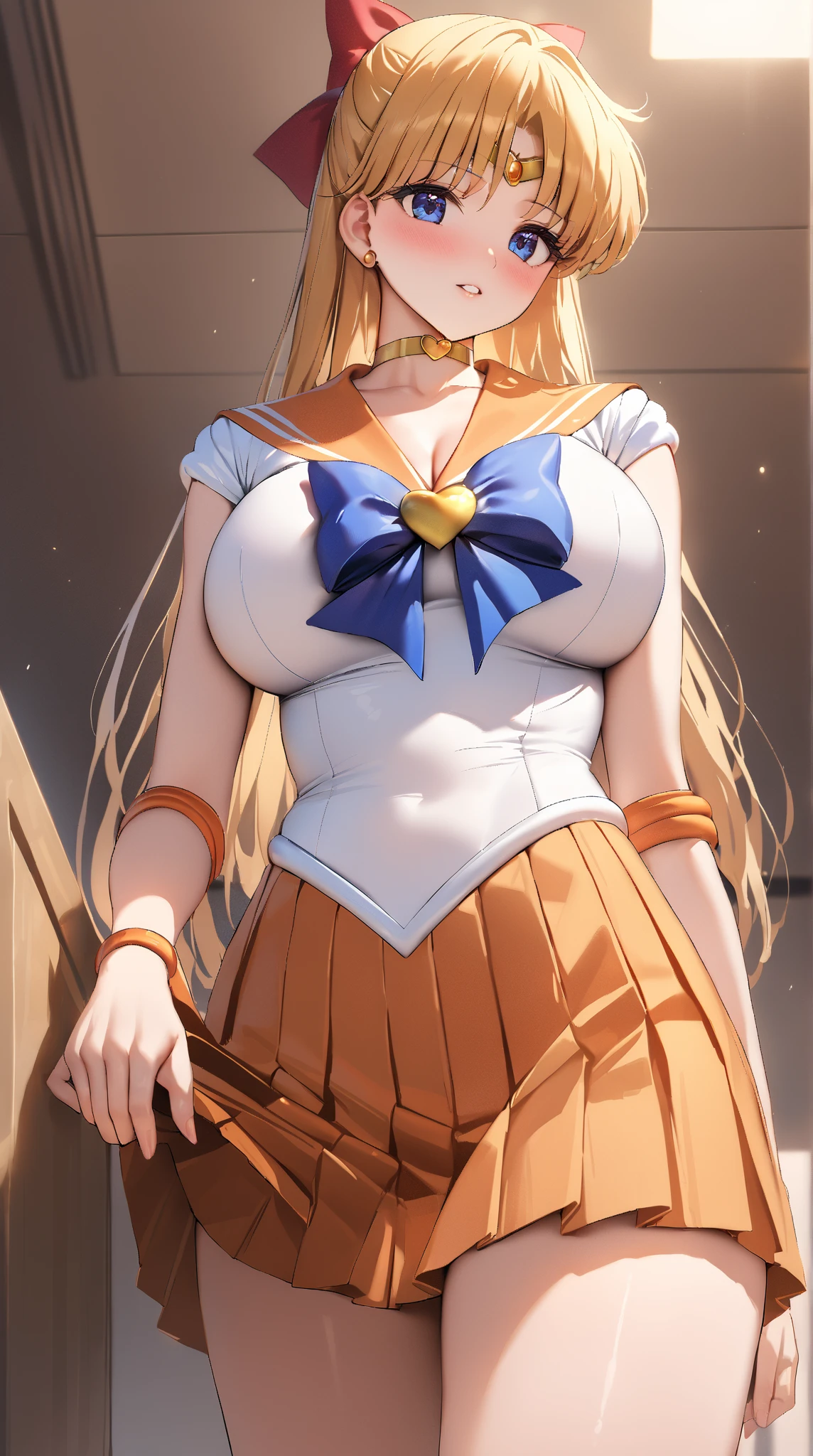 (La mejor calidad,A high resolution,Ultra - detallado,actual),Selena Gomez, (masterpiece, best quality;1.3), very detailed CG, very detailed, 1 girl, alone, laugh, looking at viewer, stylish angle, blonde long hair,blue eyes, huge boobs sv1, Sailor Sensi Uniform, Orange skirt, elbow bag, tiara, Orange Sailor Color, red bow, Orange Choker, white gloves, bijouterie, from above,,(Fondo de ruinas de mazmorra en ruinas cyberpunk :1.4 ) I have a lot of heart, face focus,venus,hurricane,abstract background, galaxy background,(Sailor Venus:1.4), (Sailor Venus V2.1), ,(Fondo de ruinas de mazmorra en ruinas piedras grandes cyberpunk :1.4 ),(perfect anatomy :1.4), (cinematic lighting :1.4),( dynamic cowboy pose), (fondo lluvia cayendo nublado tenebroso :1.4), (Selena Gomez :1.4), (Selena Gomez V2.1),( dedos detailed :1.4), BIG THIGHS, gigantic