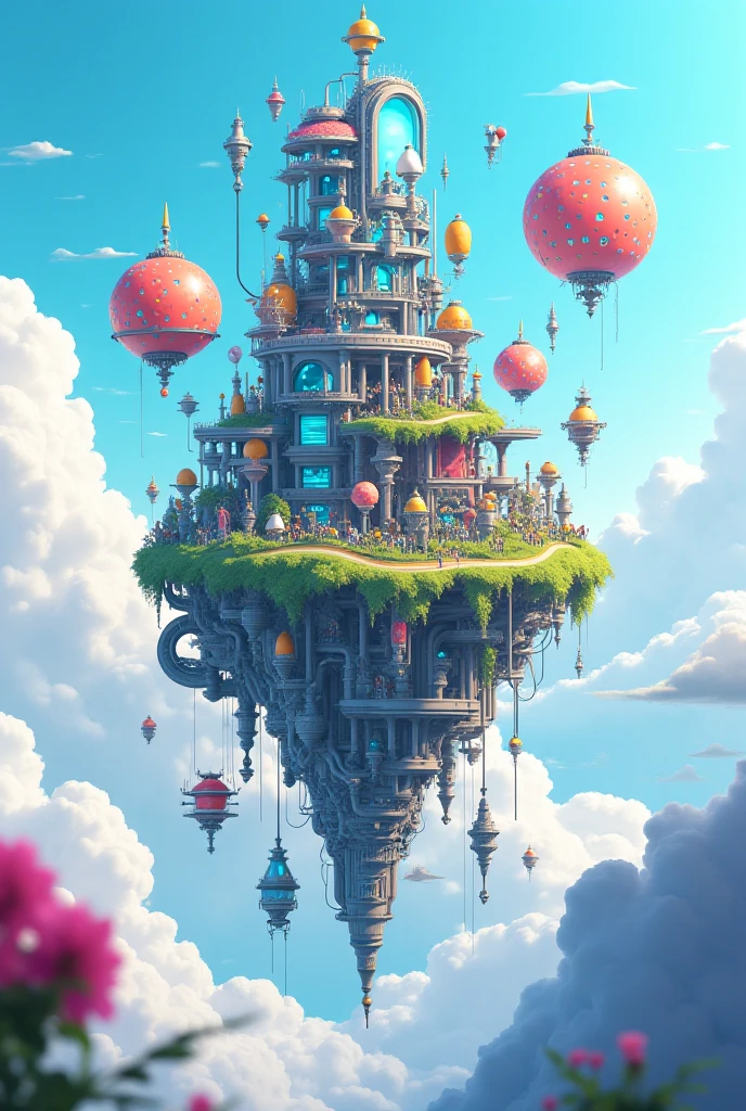 artificial intelligence sky island with technologies cartoon 