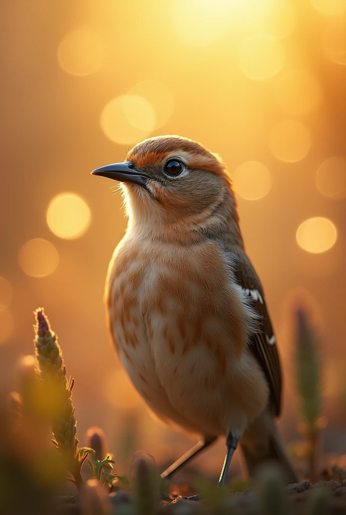 Un retrato en primer plano hipnotizante de un hermoso pajarito iluminado por la suave luz dorada de una mañana tranquila, with vibrant bokeh ????? gently framing its delicate shape.