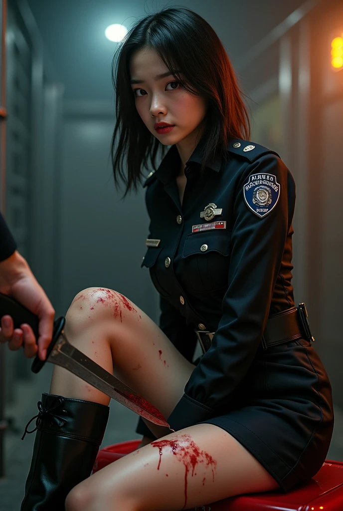A beautiful Asian woman is being stabbed in her thigh with a cutter in hand of a man, view of a cutter blade lodged into her bleeding thigh, he is repeatedly cutting her bleeding thigh with a cutter, nsfw, she has long legs, police uniform with tie, micro miniskirt, boots, suffering expression, shouting, (best quality,4k,8k,highres,masterpiece:1.2),ultra-detailed,(realistic,photorealistic,photo-realistic:1.37),highly detailed face, detailed eyes and lips, extreme detailed skin, dramatic lighting, dark and gritty, horror, cinematic, intense colors, moody atmosphere