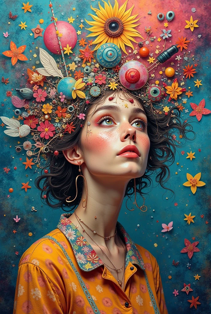 Colorful 3D collage illustration representing a person with a creative mind interfacing