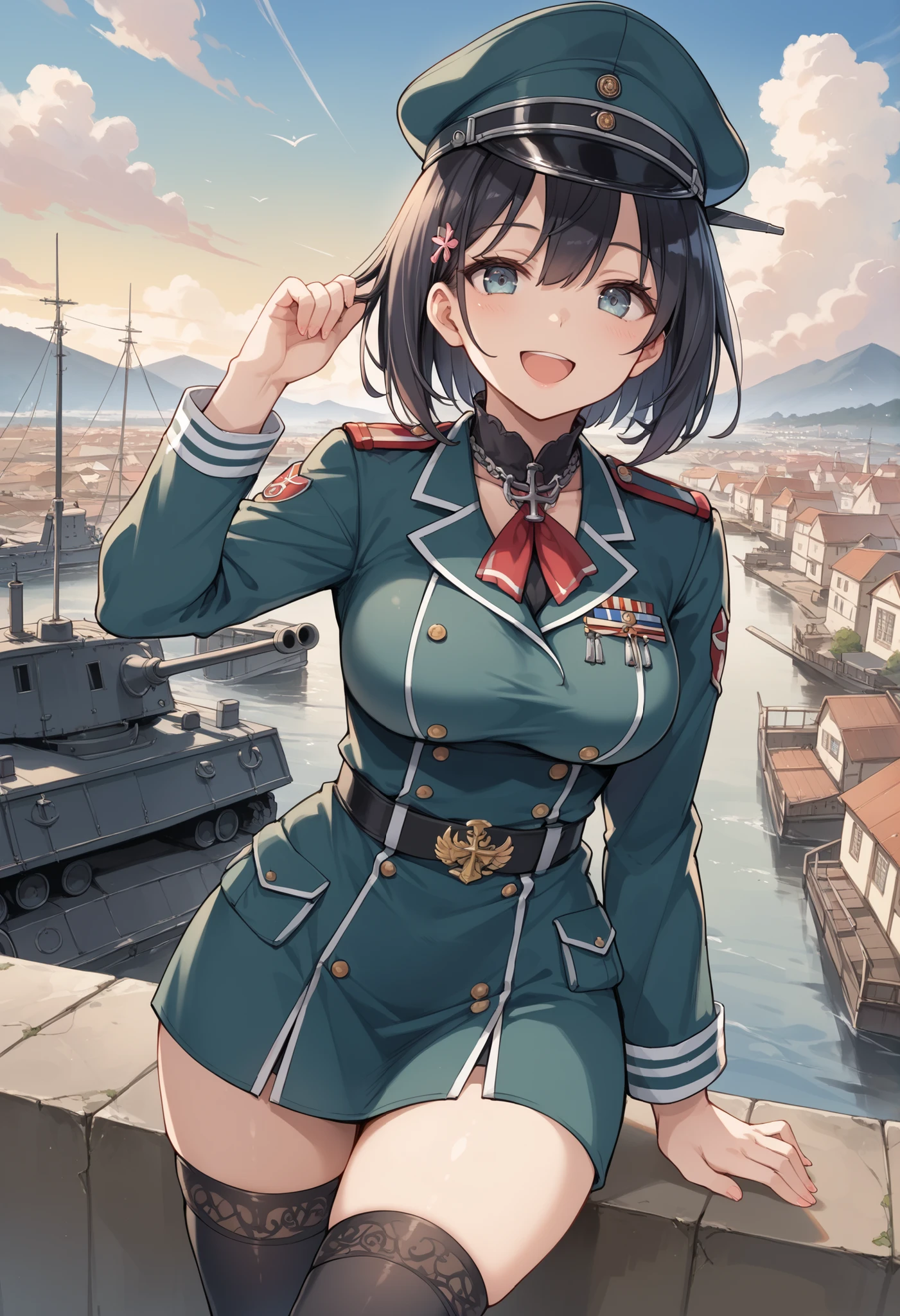 Best Quality, masterpiece, solo, {_circle_KANTAI COLLECTION:1.15}, black_hair, short_hair, hin, peak alone_military_cap, black_eye, Military, large_breasts, 1 girl, black_hat, looking at_in_viewer,black_ Military_uniform, uniform, Military_hin, in_Front_port_town_landscape_background, smile,(plump:0.7),,black_thighhighs,JOYLIGHT_open_mouth, Fair_skin