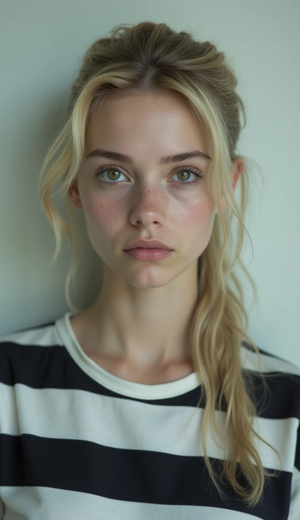 Guy 18 years old, blonde hair gathered in a long braid with black eyes, bangs with soft strands on the sides of the face and in the middle, 