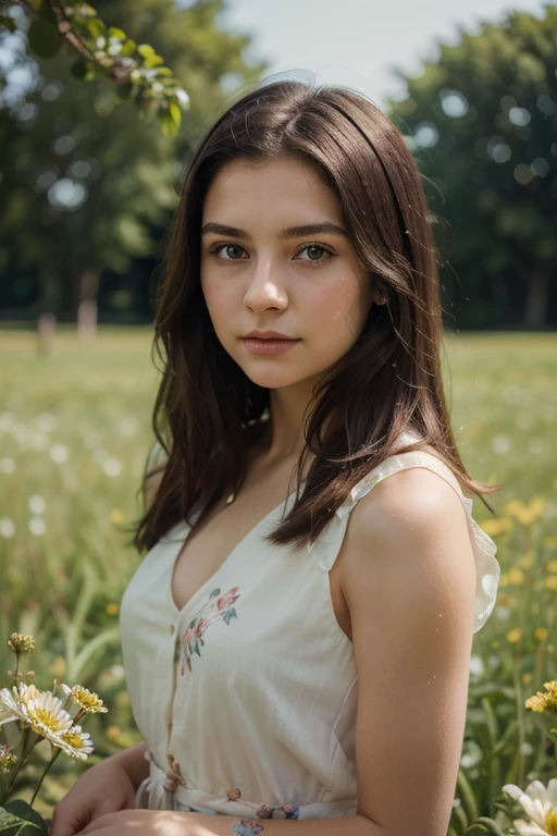 Dark-haired girl, slight smile, with greenish eyes to be in a field where poppies grow
