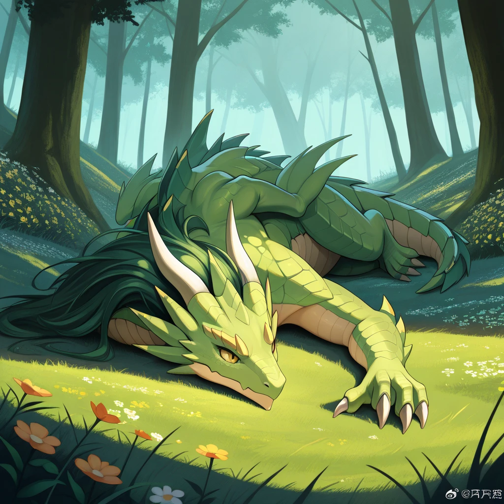 Anime, HDR, soft light, ((Best quality)), ((masterpiece)), (detailed), A Lustiargonian, colored leather, green skin, tail, horns, (Scales:1.2), (muzzle, animal nose:1.1), blush, embarrassed, (I'm looking at the viewer:1.1), Charming pose, nude body, naked, medium breast, vagina, on the grass, spreads her legs, The body is completely naked, birch forest, high grass, wooden house, hay, meadow, White flowers, lies on the flowers, big eyes, style cartoon, 2.5D cartoon style, adult, smile, white wood with black stripes, female physique, big eyes