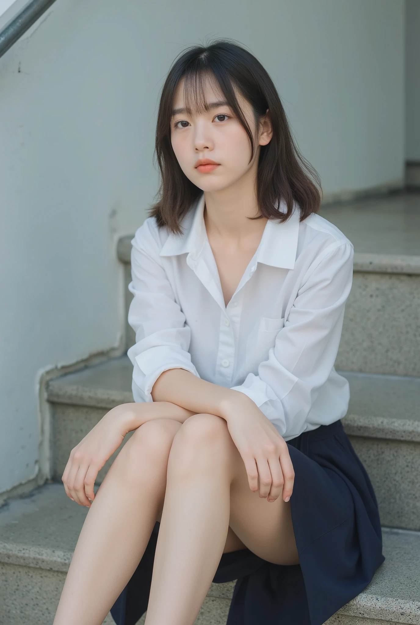 Picture a short, tight Korean girl  (Habuk)Picture a female student wearing. sitting on the stairs and crossing her legs