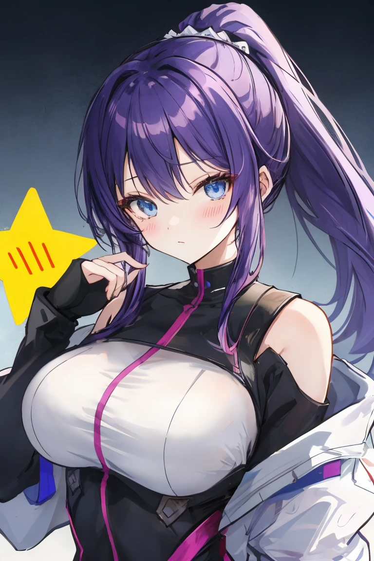 fox girl, big breasts, Voluminous purple hair, masterpiece , red eyes, hd, Head to Chest, buried in my chest、underboob、Cheerleader