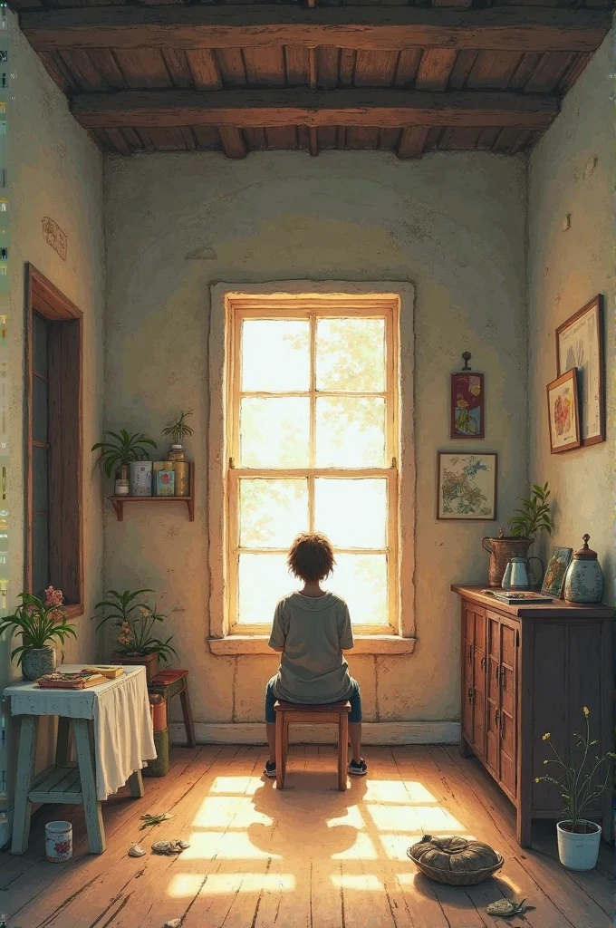 Uma tarde chuvosa na cidade: The main character is sitting by the window, watching the rain gently fall outside while playing lo-fi music vinyl.