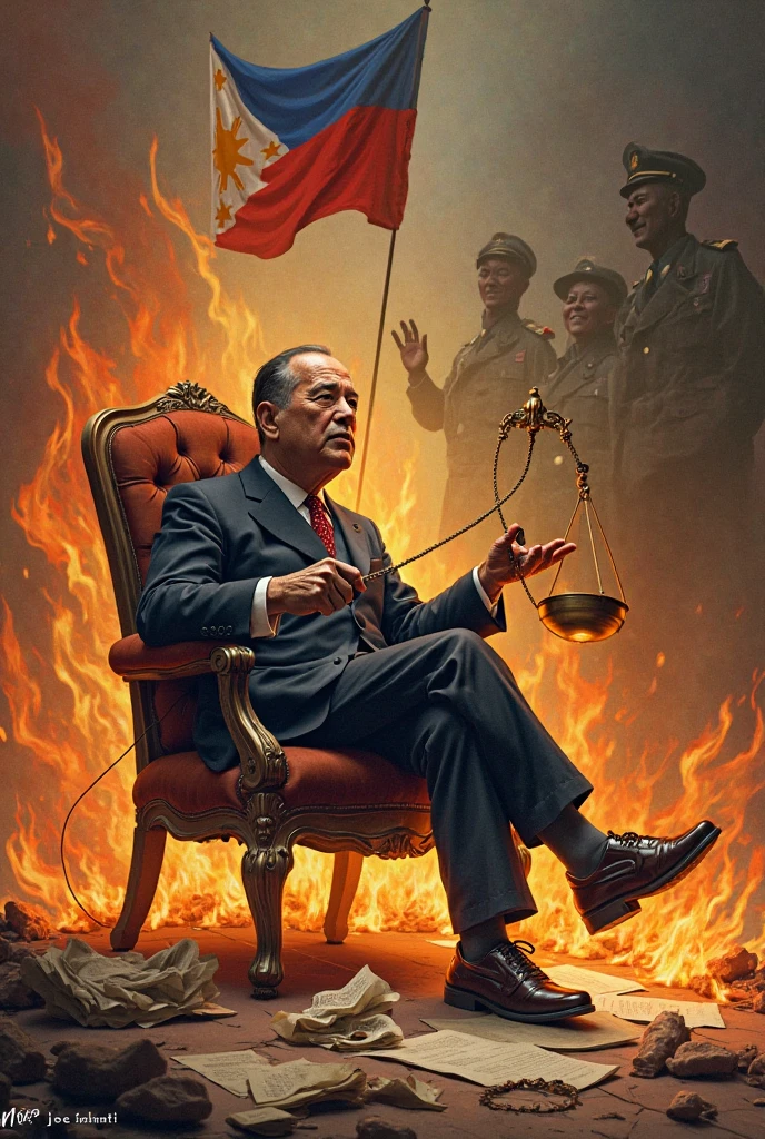 Caricature Idea Title: “Laurel in the Fire and the Rope” Show José P. Laurel sitting in an old presidential chair, but his feet are on fire (symbolizing severe criticism, danger, and occupation), while his hands are tied to a thin rope attached in two directions: One end is attached to the Philippine flag, which pulls the people and nationalism closer. The other end is attached to the Japanese flag, which symbolizes forced collaboration and control by the occupier. Symbolic Details: He holds a balance (scale of justice) in one hand, but it is falling due to the weight of both sides. Behind him, there is a shadow of Quezon and MacArthur, like a ghost of an instruction saying: "Do everything except take the oath." Around him, documents of the PEC, the Second Republic, Makapili, and amnesty can be seen—scattered on the floor, to show the weight of history in his decision. Above, a floating flag with the question: "Hero or Traitor?"