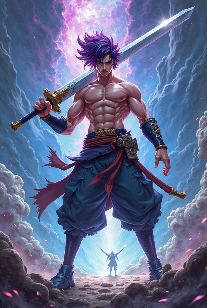 A tall, muscular man is standing in front of a purple portal. He's shirtless, and his body is covered in scars. He wears a theatrical smile mask, and his pants and shoes are baggy. He holds a sword in his right hand. The man is standing in silence, seus olhos fixos no portal. The portal is glowing with a purple light, e um som de assobio pode ser ouvido vindo de dentro.