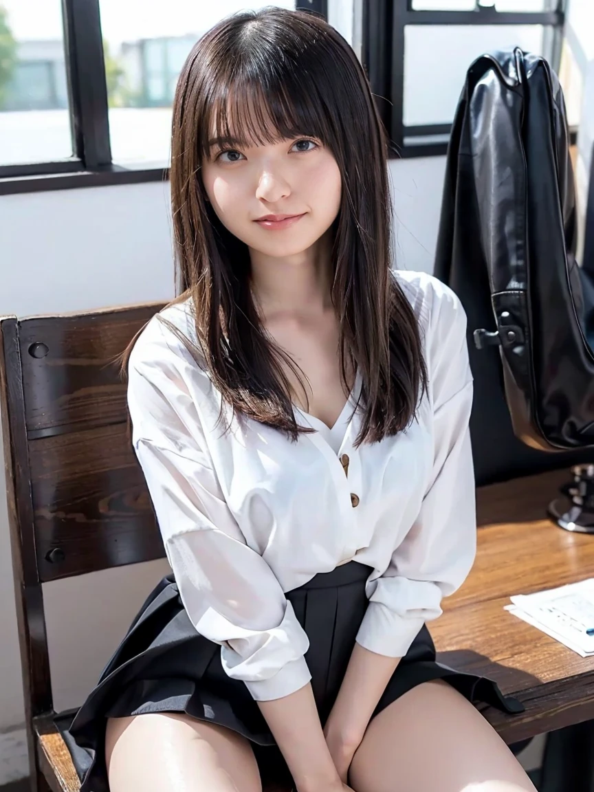alone、Natural body shape、White skin、Natural Makeup、Black Hair、bangs、Medium Short Hair、Japanese high school uniform、(expensive 、barefoot、Thin, soft fabric full-body tights、p)、、((The upper body is wearing a uniform))、((Looking into the camera))、(((Full body photo)))、(((Exposing your thighs)))、school、On the desk、((barefoot:1.2))、innocent、、A little smile、Face without makeup、Perfect Face、Beautiful thighs thighs、((Small head:1.1))、analog film、Official Art、relax、Photo taken by lover、Selfie、Thighs are shown、The sunlight is hitting my face and body,Old Polaroid Film,150mm lens、f/1.4、Interplay of light and shadow、Artwork、Old movies、I like to publish、I like to have people look at my inner thighs、I like to take off my clothes、I want to touch my boobs?、Mouth open、Sad expression、I fell in love、I want you to touch me、16First experience at age
