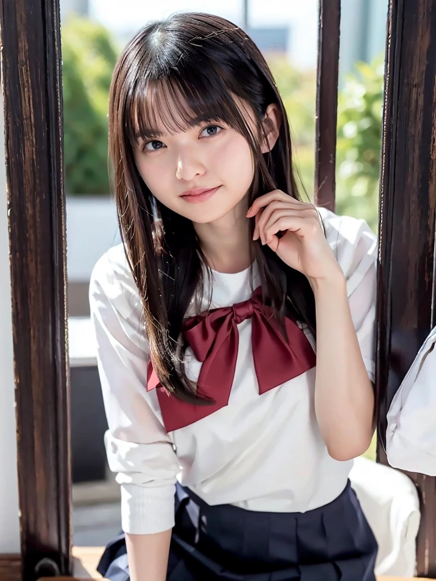 masterpiece, best quality,1girl, solo, nakorurums, red bow, bow, long hair, hair bow, ainu clothes, solo, hairband, black hair, fingerless gloves, short sleeves, gloves, sash, bangs, red hairband, breasts, brown eyes, white pants, japanese clothes, masterpiece, light smile, (illustration: 1.5), running toward viewer