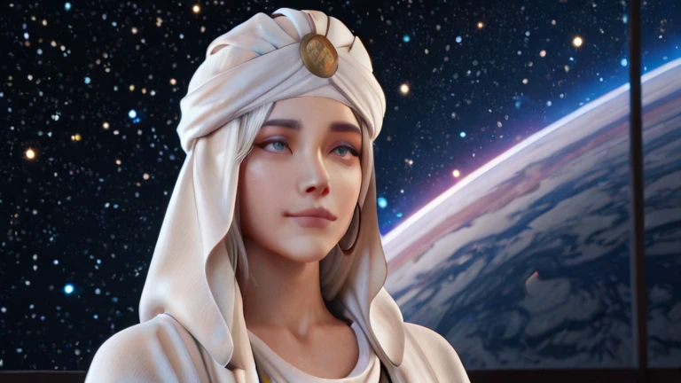 close up A wise Sufi man with a peaceful and calming face, wearing a simple turban and a flowing robe. His white beard and serene eyes reflect deep inner wisdom and tranquility. He is sitting or standing in quiet reflection. The background is a breathtaking outer space scene — filled with stars, colorful nebulas, and distant galaxies. The atmosphere feels spiritual, vast, and otherworldly, symbolizing the depth of divine connection and cosmic peace. No text.