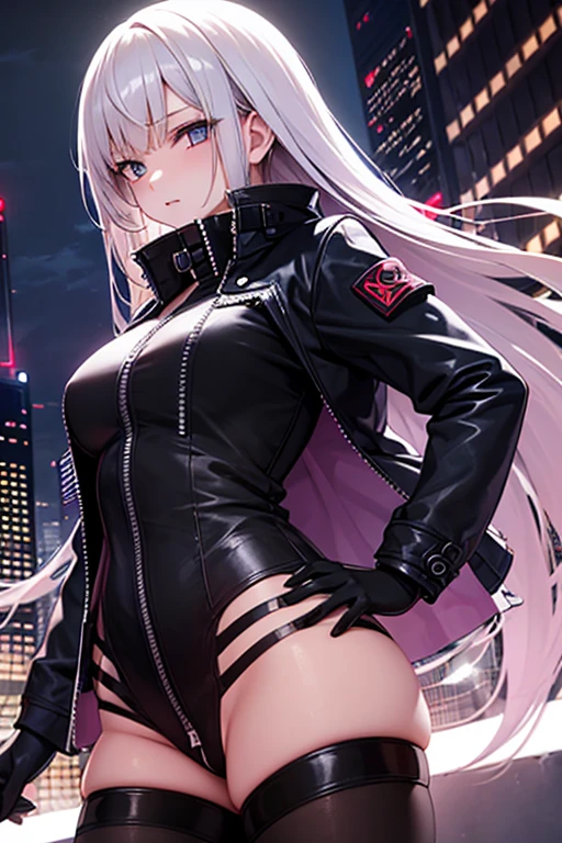 edelgard, long hair, black and red modern clothes, cyberpunk, big breasts