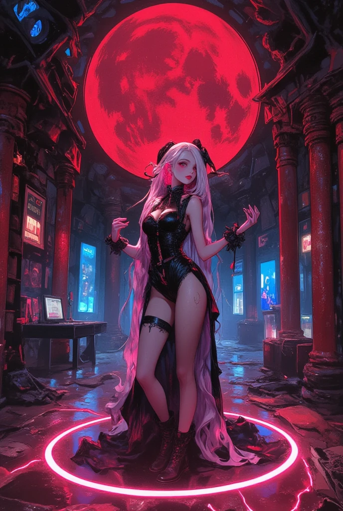 Divinasitting girl statue, white hair, long sideburns, long fangs, glowing red eyes, claws, small round breasts, cleavage, thin waist, (((like a jack queen, sitting imposingly, sarcastic smile, platform heels, thick thighs) )), dark low-light scene where only a beam of light enters through the ceiling, {extremely detailed 16k CG unit wallpaper}, expansive landscape photography, (a view from below with focus on the character and setting), (wide open field view), (low angle shot), (high light: 1.2), (low light: 1.5), (warm light source: 1.2), complex details, (iridescent colors: 1.5), (illumination bright), (atmospheric lighting), dreamy, unique,