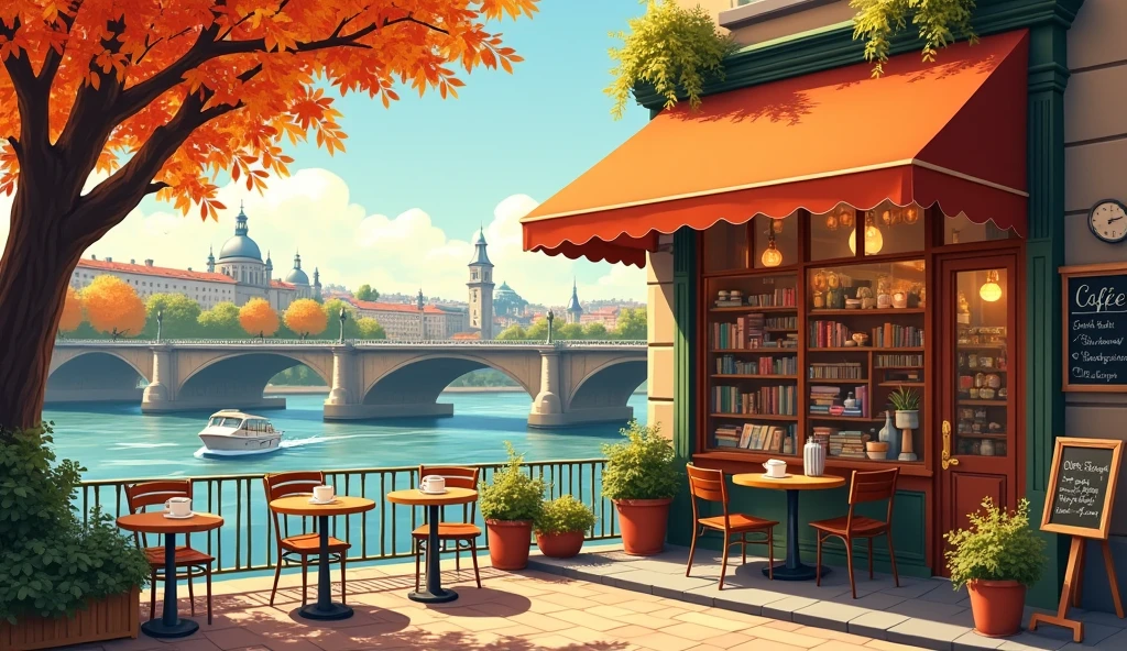 A Vintage Library Cafe cozy riverside café in autumn, illustrated in a warm and colorful style. Outdoor tables with coffee cups, a beautiful tree with red and orange leaves, flower pots, a chalkboard menu, and a calm river with a small boat passing by. In the background, an old bridge and a European-style city skyline with domes and towers. The café has a charming facade with a bright orange awning and warm lighting inside. Soft afternoon sunlight. Studio Ghibli or digital painting style. in 16:9 format