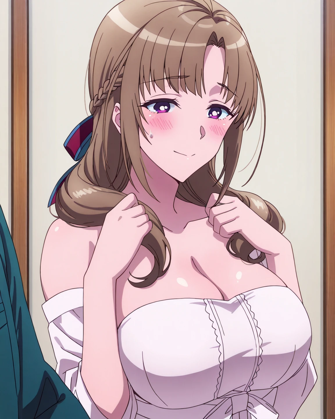 ((nsfw, nude,breasts blowjob,beautiful eyes, topless,show off nipple,highest quality,aroused, masterpiece, High resolution)),1girl, solo, Super huge breasts,plump,Whipped thighs,upper body, portrait, smile, ahoge, sidelocks, wide sleeves, hair over one eye, robe, long sleeves, looking at viewer,Females in heat,perfect quality, perfect,high quality,good quality, masterpiece, faultless,HDR, UHD