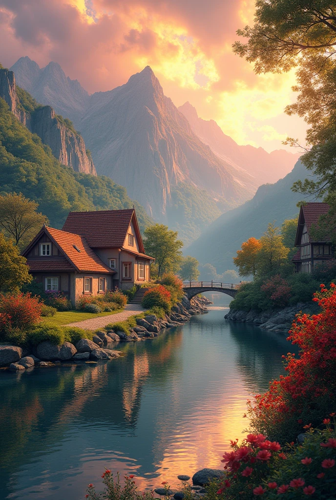 a small village by the river, mountains in the background, floral flowers colorful, detailed landscape, Beautiful natural landscapes, atmospheric lighting, scorching sunset, warm colours, practical, photopractical, Detailed Foliage, complex buildings, cobblestone street, Charming country house, swirly vibrant colors, lush vegetation, Still water reflections, Picturesque, idyllic, work of art, best qualityer, 8k, extremely detaild,anime styling