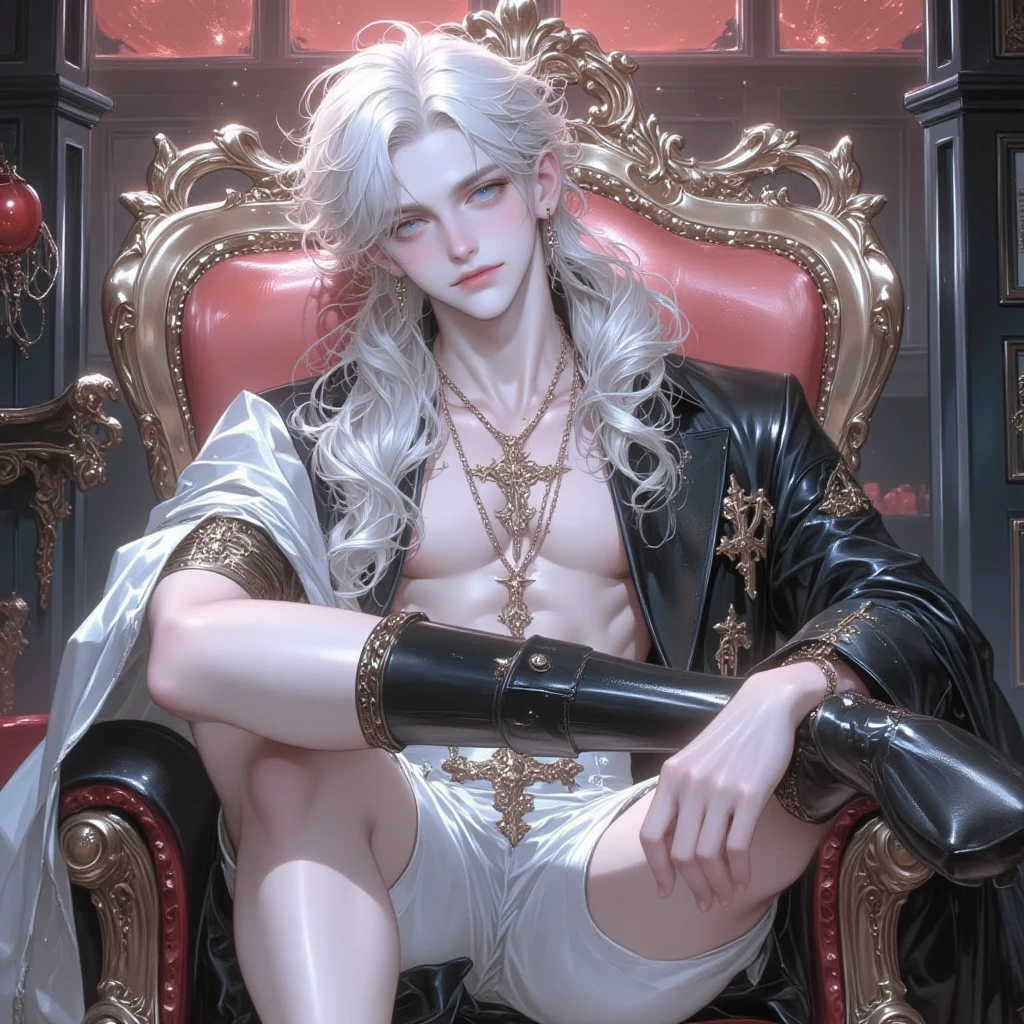 (Best Quality, Masterpiece), 1 boy sitting on an elegant throne, beautiful chinese. White hair, big eyes with red irises, very pale, You can see his torso with a king&#39;s suit. 