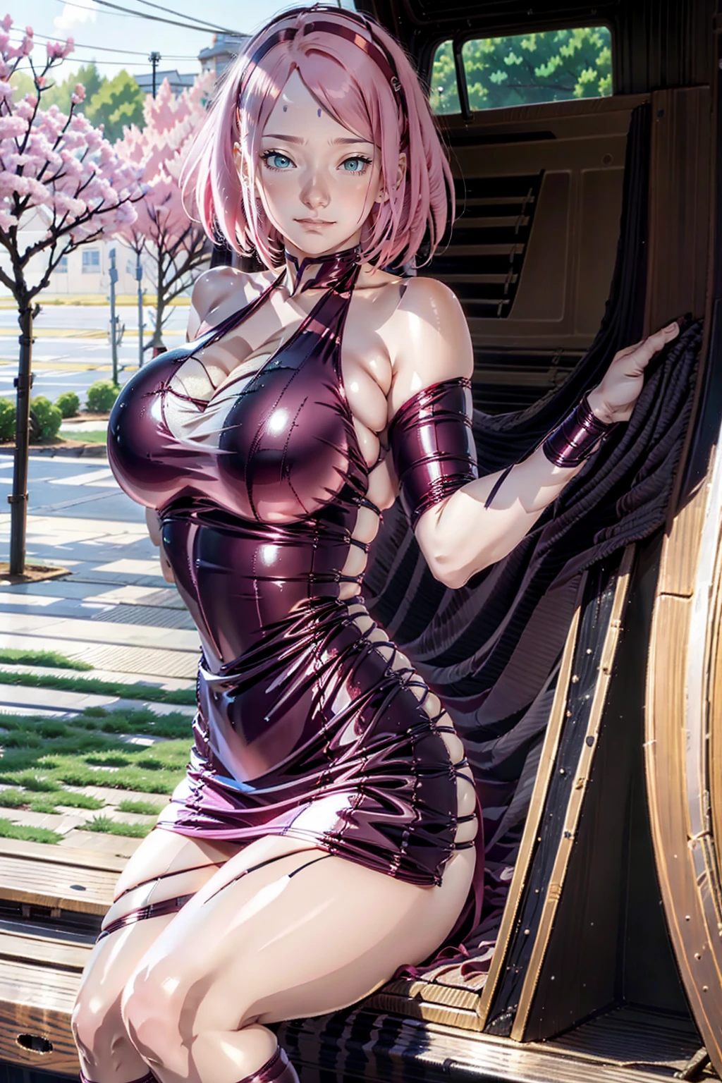 Girl with tanned skin and purple hair wearing a transparent dress