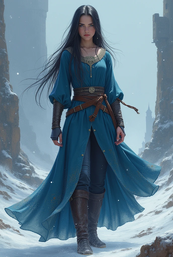 girl with straight black hair and blue eyes in full growth in a warlike pose, in a blue dress, the Middle Ages, the north in the background, winter, magic